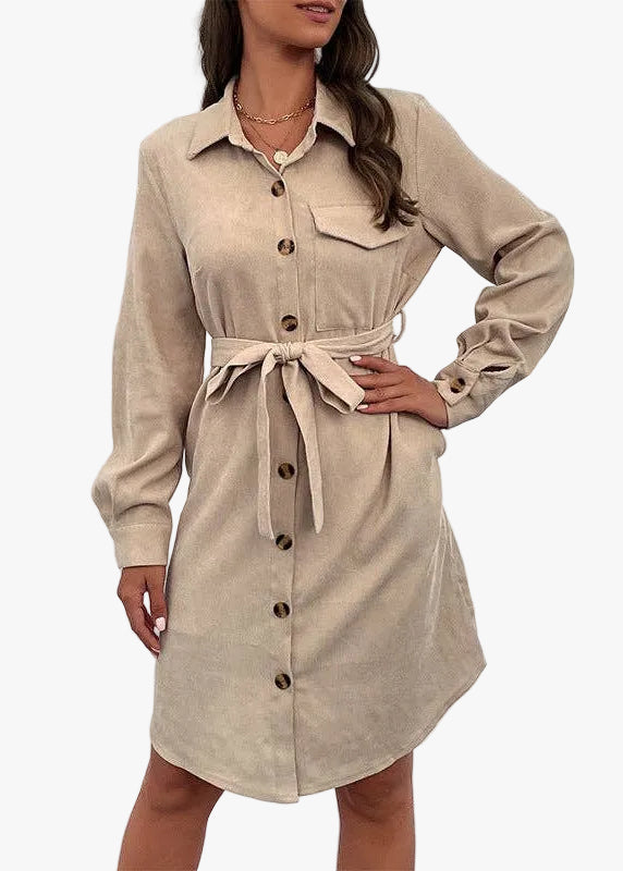 Corduroy Button Down Long Sleeve Shirt Dress with Belt