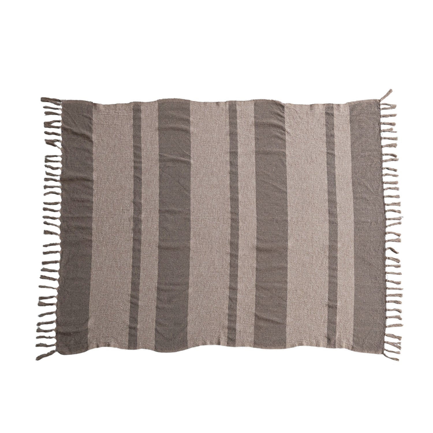 Folded blanket with a two toned brown stripe and fringe