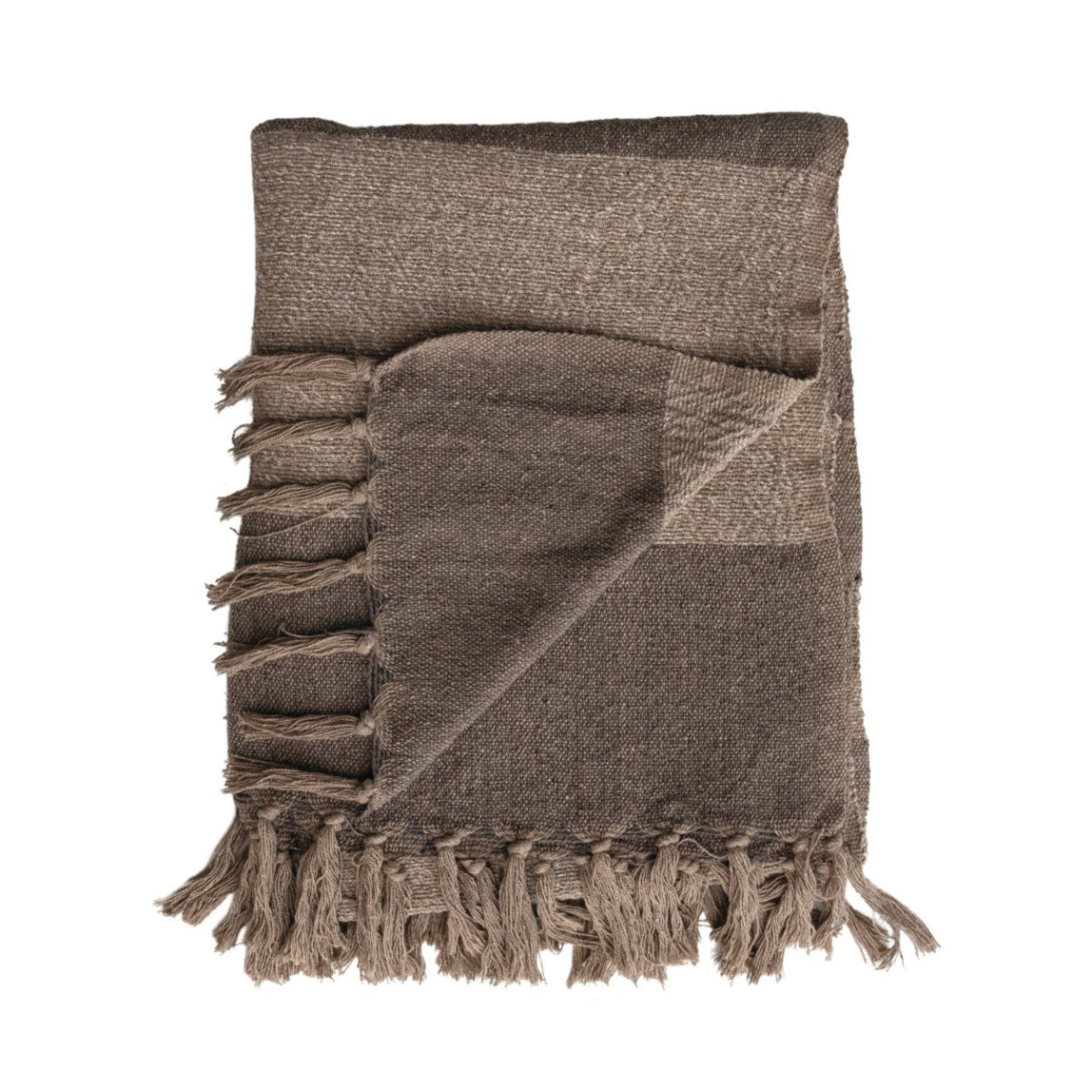 Folded blanket with a two toned brown stripe and fringe