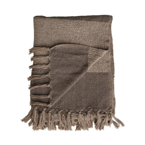 Folded blanket with a two toned brown stripe and fringe