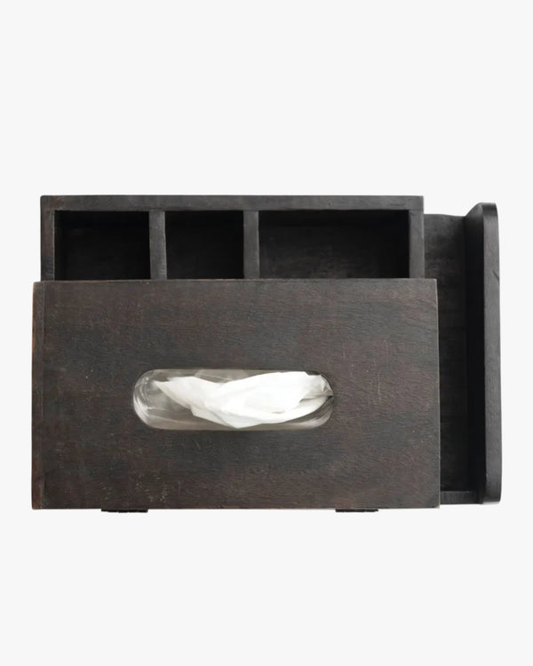 Black desk tissue holder/ organizer with stationery items on a white background