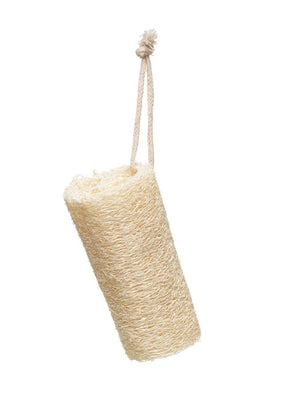 A natural beige loofah sponge with a cotton rope hanger against a white background.