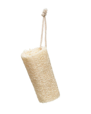 A natural beige loofah sponge with a cotton rope hanger against a white background.
